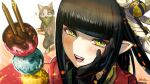  +_+ 1girl :d artist_name bangs black_gloves black_hair blunt_bangs blush cat dango drooling eyeshadow feweryen food gloves green_eyes hair_ornament hand_on_own_cheek hand_on_own_face hinoa looking_at_viewer makeup making-of_available melynx monster_hunter_(series) monster_hunter_rise open_mouth pointy_ears red_eyeshadow saliva smile teeth wagashi 
