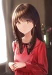  1girl bangs black_hair black_neckwear black_ribbon blurry blurry_background brown_eyes curtains dress flower hands_together highres indoors long_hair long_sleeves looking_at_viewer neck_ribbon ojay_tkym original parted_lips plant red_dress ribbon solo table window 