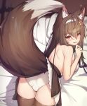  1girl 5danny1206 :d absurdres animal_ear_fluff animal_ears ass bare_back bare_shoulders breasts brown_hair brown_legwear eyebrows_visible_through_hair fox_ears fox_tail from_behind hair_between_eyes hairband highres long_hair looking_at_viewer lying medium_breasts on_stomach open_mouth original panties red_eyes sideboob smile solo tail thigh-highs underwear white_hairband white_panties 
