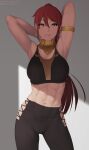  1girl abs armlet arms_behind_head arms_up breasts circlet closed_mouth commission earrings gorget green_eyes hair_between_eyes highres hip_vent indoors jewelry large_breasts light_smile lips long_hair looking_at_viewer navel pants putcher pyrrha_nikos redhead rwby shade solo sports_bra stomach toned very_long_hair watermark web_address 