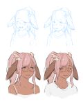  1girl absurdres animal_ears closed_eyes closed_mouth flower glasses hair_flower hair_ornament highres looking_at_viewer luimiart multiple_views original pink_hair ponytail round_eyewear shirt smile violet_eyes white_flower white_shirt 