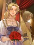  2girls blonde_hair blue_eyes bouquet celes_chere closed_mouth curtains dress dual_persona earrings final_fantasy final_fantasy_vi flower hair_ornament hair_ribbon holding holding_bouquet jewelry lips long_hair mirror multiple_girls necklace regan_(hatsumi) ribbon white_dress 