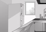  blurry can commentary_request copyright_request greyscale indoors kitchen monochrome no_humans original refrigerator scenery sink toru_nagase window 