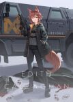  1girl absurdres animal_ears assault_rifle bullpup character_name dreadtie edith_connie_callaghan fox_ears fox_tail gloves green_eyes ground_vehicle gun highres humvee looking_at_viewer military motor_vehicle original redhead rifle short_hair smile solo tail weapon 