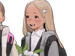  2girls :d backpack bag black_bag black_eyes blonde_hair bouquet collared_shirt flower grey_jacket hair_ornament hairclip holding holding_bouquet jacket long_hair luimiart multiple_girls open_mouth original shirt smile solo_focus upper_body white_background white_shirt wing_collar 