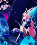  1girl absurdres animal_ears asymmetrical_legwear cherry_blossoms closed_mouth crystal ears fox_ears highres holding holding_sword holding_weapon honkai_(series) honkai_impact_3rd huge_filesize job_norz katana pink_hair sitting sitting_on_object solo sword violet_eyes weapon yae_sakura yae_sakura_(goushinnso_memento) 