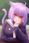 1girl absurdres ahoge animal_ear_fluff animal_ears blurry blurry_background blush breasts cat_ears chalkboard classroom eyebrows_visible_through_hair eyes_visible_through_hair fang highres hololive huge_filesize indoors large_breasts long_sleeves looking_at_viewer nanome_to nekomata_okayu open_mouth purple_hair school_uniform serafuku short_hair sidelocks solo tail upper_body violet_eyes