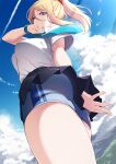  1girl ass bangs black_skirt blonde_hair blue_shorts blue_sky blush breasts collared_shirt highres large_breasts long_hair looking_at_viewer metroid mku necktie open_mouth ponytail samus_aran shirt short_sleeves shorts sidelocks skirt sky solo thighs white_shirt 