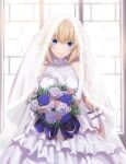  1girl alternate_costume bangs bare_shoulders blonde_hair blue_eyes bouquet bow braid braided_ponytail breasts bridal_veil bride closed_mouth commentary_request detached_sleeves dress elbow_gloves eyebrows_visible_through_hair fate/apocrypha fate/grand_order fate_(series) flower frilled_dress frills gloves hair_between_eyes hair_bow hair_ornament hand_on_own_chest highres holding holding_bouquet indoors jeanne_d&#039;arc_(fate) jeanne_d&#039;arc_(fate)_(all) jewelry long_dress long_hair looking_at_viewer medium_breasts neko_daruma pink_flower pink_rose purple_flower purple_rose ring rose sidelocks smile solo veil very_long_hair wedding_dress wedding_ring white_bow white_dress white_flower white_gloves white_rose white_sleeves window 