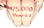  1girl blurry blurry_foreground commentary_request depth_of_field from_above grey_background hands highres holding holding_pen legs milestone_celebration number original pen shiny shiny_skin simple_background thighs toru_nagase 
