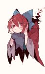  1girl black_shirt blue_bow bow breasts cape cropped_torso disembodied_head hair_bow highres holding_head impossible_clothes impossible_shirt looking_at_viewer massakasama medium_breasts red_cape red_eyes redhead sekibanki shirt short_hair simple_background solo touhou upper_body 