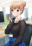  absurdres aqua_eyes blurry blurry_background breasts brown_hair chair desk doushimasho earrings hair_bun highres id_card index_finger_raised jewelry lanyard looking_at_viewer mole mole_on_cheek monitor nail_polish office_lady original ribbed_shirt shirt 