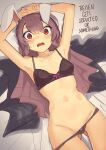  1girl animal_ears ass_visible_through_thighs black_bow black_panties blush boa_(brianoa) bow cowboy_shot hands_above_head highres jacket jacket_removed long_hair looking_at_viewer lying navel on_back open_mouth panties rabbit_ears red_eyes reisen_udongein_inaba solo sweat touhou underwear underwear_only wide-eyed yellow_eyes 