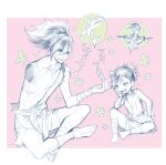  1boy 1girl arm_wrap bad_feet barefoot dororo_(character) dororo_(tezuka) hair_between_eyes hyakkimaru_(dororo) leg_wrap long_hair open_mouth pink_background ponytail scar scar_on_chest scar_on_leg shiranui_(dororo) sitting spoken_animal spoken_character sugahara_ryuu torn 