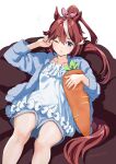  1girl animal_ears bangs bare_legs blue_eyes brown_hair carrot coat collarbone couch dakimakura_(object) dress hair_between_eyes hair_ribbon horse_ears horse_girl horse_tail long_hair looking_at_viewer misu_kasumi multicolored_hair one_eye_closed pillow ponytail ribbon shorts sitting solo tail tokai_teio_(umamusume) umamusume 