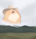  animal_focus artist_name big_enough cat closed_eyes commentary cowboy_hat english_commentary fangs hat highres kapebeansies meme mountainous_horizon no_humans open_mouth original photo-referenced projected_inset screaming sky solo tongue tussetroll whiskers 