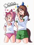  2girls :d ^_^ absurdres animal_ears appleq blush_stickers brown_hair buruma closed_eyes commentary_request cowboy_shot cropped_legs ear_bow ear_covers green_ribbon green_shorts gym_shirt gym_uniform hair_ribbon hairband hand_on_hip hand_up haru_urara_(umamusume) highres horse_ears horse_girl horse_tail huge_filesize king_halo_(umamusume) laughing long_hair multiple_girls ojou-sama_pose open_mouth pink_buruma pink_hair ponytail puffy_short_sleeves puffy_sleeves red_hairband ribbon shirt short_sleeves shorts simple_background smile sparkle tail umamusume white_background 