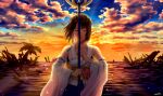  1girl brown_hair closed_mouth clouds detached_sleeves final_fantasy final_fantasy_x hair_ornament highres holding japanese_clothes medium_hair open_mouth solo staff tatsunaka_(tx3) water weapon yuna_(ff10) 