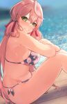  1girl akashi_(kancolle) bikini black_bikini blunt_tresses breasts feet_out_of_frame floral_print green_eyes hair_ribbon highres kantai_collection large_breasts long_hair looking_at_viewer miyako_(00727aomiyako) pink_hair ribbon side-tie_bikini sitting solo swimsuit tress_ribbon water 