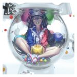  1girl 3d balloon black_hair border butterfly_sitting commentary_request gesoking hair_between_eyes hair_ornament hat highres in_container jacket long_hair mouth_hold original shoes shorts sleeves_rolled_up solo two_side_up white_border winding_key yellow_eyes 