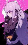  1girl absurdres bangs black_background black_gloves black_jacket black_ribbon black_skirt blunt_bangs braid dangan_ronpa:_trigger_happy_havoc dangan_ronpa_(series) eyebrows_visible_through_hair from_side gloves hair_ribbon hand_up highres jacket kirigiri_kyouko long_hair long_sleeves pale_skin pink_background pleated_skirt profile purple_hair ribbon shiny shiny_hair shirt side_braid single_braid skirt solo stoll_(tmxhf) thinking upper_body violet_eyes white_shirt 