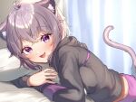  1girl :3 :d ahoge animal_ear_fluff animal_ears bangs black_hoodie blush cat_ears cat_girl cat_tail commentary_request fang highres hiyorou hololive hood hood_down hoodie long_sleeves looking_at_viewer lying nekomata_okayu on_bed on_stomach open_mouth pillow pillow_hug purple_hair short_hair skin_fang smile solo tail violet_eyes virtual_youtuber 