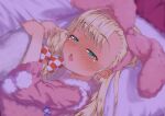  1girl absurdres blonde_hair blush bow commentary_request eyebrows_visible_through_hair full-face_blush fur_trim green_eyes hair_bow hairband highres kukik0701 long_hair lying mononobe_alice nijisanji on_bed open_mouth pajamas pillow pillow_hug pink_pajamas pom_pom_(clothes) solo upper_body virtual_youtuber wavy_mouth 