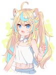  1girl animal_ear_fluff animal_ears bangs bare_shoulders blonde_hair blue_eyes blue_hair blush_stickers bow camisole claw_pose collarbone commentary_request copyright_request eyebrows_behind_hair fang hair_between_eyes hair_bow hand_up highres long_hair looking_away meito_(maze) multicolored_hair open_mouth pleated_skirt see-through skirt solo streaked_hair twintails very_long_hair white_bow white_camisole white_skirt wrist_cuffs 