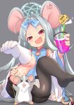  &gt;_&lt; 1girl 1other animal_ears black_legwear black_shorts blue_archive blue_dress china_dress chinese_clothes cup detached_sleeves dress drinking_glass drinking_straw eyebrows feet forehead grey_background hand_on_own_thigh kneehighs knees_to_chest knees_up kt_cano legs legs_up long_hair mismatched_legwear mouse mouse_ears open_mouth red_eyes saya_(blue_archive) short_shorts shorts silver_hair simple_background single_kneehigh single_thighhigh sitting sleeveless sleeveless_dress smile soles thigh-highs thighs toes very_long_hair white_legwear white_sleeves 
