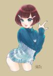  1girl :p \m/ absurdres blue_nails blue_sweater blush bob_cut brown_hair copyright_request cowboy_shot cropped_legs dated fingernails geshumaro green_eyes hair_ornament hairclip hand_on_hip hand_up highres long_sleeves looking_at_viewer nail_polish short_hair signature simple_background smile solo sweater thick_eyelashes tongue tongue_out yellow_background 