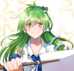  1girl antenna_hair blush detached_sleeves frog_hair_ornament gohei green_hair hair_ornament hair_tubes kochiya_sanae looking_at_viewer smile snake_hair_ornament solo starry_background touhou unya upper_body v-shaped_eyebrows yellow_eyes 