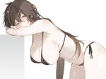 1girl arm_support bare_shoulders bent_over bikini black_bikini blush breasts brown_hair commentary_request from_side genderswap genderswap_(mtf) genshin_impact gradient_hair hanging_breasts large_breasts long_hair looking_at_viewer looking_to_the_side multicolored_hair navel orange_eyes orange_hair otsumami_(02mami) side-tie_bikini simple_background solo swimsuit very_long_hair white_background zhongli_(genshin_impact) 