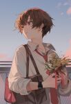  1boy absurdres bag blue_sky bouquet brown_bag brown_eyes brown_hair chyoel copyright_request day flower highres holding long_sleeves male_focus necktie outdoors parted_lips red_neckwear rose shirt short_hair shoulder_bag sky smile solo upper_body watch watch white_shirt yellow_flower yellow_rose 