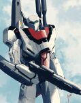  absurdres airborne clouds energy_cannon gunpod highres macross macross:_do_you_remember_love? macross:_the_first mecha original realistic redesign science_fiction shoulder_cannon signature solo themimig u.n._spacy upper_body variable_fighter vf-1 vf-1_strike vf-1s 