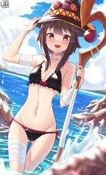  1girl absurdres bandaged_leg bandages bikini black_bikini blush breasts brown_hair frilled_bikini frills hat highres holding holding_staff jebi kono_subarashii_sekai_ni_shukufuku_wo! long_hair looking_at_viewer megumin navel open_mouth red_eyes short_hair_with_long_locks sidelocks small_breasts smile solo staff swimsuit water witch_hat 