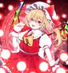  1girl :d ascot bangs blonde_hair bow cowboy_shot crystal eyebrows_visible_through_hair fang flandre_scarlet hat hat_bow highres looking_at_viewer medium_hair mob_cap open_mouth puffy_short_sleeves puffy_sleeves red_bow red_eyes red_skirt red_vest shirt short_sleeves side_ponytail skin_fang skirt smile solo spell_card standing touhou vest white_headwear white_shirt wings wrist_cuffs yellow_neckwear yurui_tuhu 