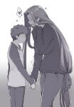  1boy 1girl bangs barlunn blush breasts emiya_shirou fate/stay_night fate_(series) forehead greyscale heart height_difference highres holding_hands large_breasts long_hair long_sleeves medusa_(fate) medusa_(rider)_(fate) monochrome parted_bangs sidelocks smile spoken_heart sweater very_long_hair 