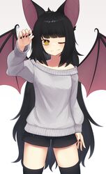  1girl absurdres animal_ears bat_ears bat_wings black_legwear black_nails black_shorts claw_pose closed_mouth cowboy_shot fangs fangs_out fingernails grey_sweater hand_up highres indie_virtual_youtuber long_hair looking_at_viewer messy_hair moriko_kyoho nail_polish off-shoulder_sweater off_shoulder one_eye_closed shorts simple_background smile solo standing sweater thigh-highs twitter_username very_long_hair virtual_youtuber white_background wings yellow_eyes yoako 