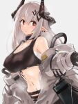  1girl arknights breasts crop_top edobox horns large_breasts long_hair mudrock_(arknights) navel oripathy_lesion_(arknights) pointy_ears red_eyes sarashi sweat white_hair 