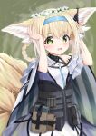  1girl animal_ear_fluff animal_ears arknights bare_shoulders black_choker blonde_hair blue_hairband blush braid choker colored_tips commentary earpiece fox_ears fox_girl fox_tail gloves green_eyes hairband hands_up head_wreath highres infection_monitor_(arknights) looking_at_viewer multicolored_hair open_mouth smile solo suzuran_(arknights) syurimp tail twin_braids two-tone_hair upper_body white_background white_hair wrist_cuffs 