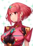  1girl absurdres bangs breasts chest_jewel earrings gem green322 headpiece highres jewelry large_breasts pyra_(xenoblade) red_eyes redhead short_hair simple_background solo swept_bangs tiara white_background xenoblade_chronicles_(series) xenoblade_chronicles_2 
