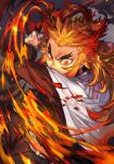  1boy belt black_pants black_shirt blonde_hair cape cowboy_shot fire hankuri holding holding_sword holding_weapon hankuri katana kimetsu_no_yaiba long_hair long_sleeves looking_at_viewer male_focus pants red_pupils rengoku_kyoujurou shirt solo sword thick_eyebrows v-shaped_eyebrows weapon white_cape yellow_eyes 