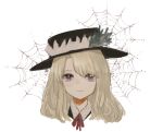  1girl bangs blonde_hair bow dolls_in_pseudo_paradise enuchi_(jvdm7888) hat hat_feather highres jacket_girl_(dipp) long_hair looking_at_viewer red_bow red_eyes red_neckwear shirt silk simple_background smile solo spider_web touhou upper_body wavy_hair white_background white_shirt 