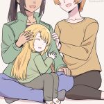  3girls blonde_hair brown_hair child couple headpat highres kumaman mother_and_daughter multiple_girls nishina_toriko parent_and_child sitting sleeping urasekai_picnic wife_and_wife yuri 