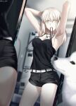  1girl armpits arms_behind_head arms_up artoria_pendragon_(all) belt black_ribbon black_shirt black_shorts blurry blurry_background breasts cavall_the_2nd collarbone commentary depth_of_field fate/stay_night fate_(series) foo_(pixiv54892036) jet_black_king_of_knights_ver._shinjuku_1999 long_hair looking_at_viewer medium_breasts mirror mirror_image mouth_hold ribbon ribbon_in_mouth saber_alter samoyed_(dog) shirt short_shorts shorts sleeveless sleeveless_shirt solo tying_hair white_belt white_dog yellow_eyes 