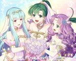  3girls alternate_costume dress earrings fire_emblem fire_emblem:_the_blazing_blade fire_emblem_heroes florina_(fire_emblem) flower green_eyes green_hair hair_flower hair_ornament jewelry kori_kms light_blue_hair long_hair looking_at_viewer lyn_(fire_emblem) multiple_girls necklace ninian_(fire_emblem) ponytail purple_hair red_eyes smile wedding_dress white_flower 