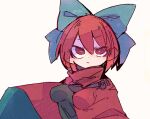  1girl black_shirt blue_bow bow breasts bright_pupils cape hair_bow high_collar impossible_clothes impossible_shirt looking_at_viewer massakasama medium_breasts red_cape red_eyes redhead sekibanki shirt short_hair simple_background solo touhou upper_body 