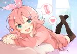  1girl :d bangs blush breasts brown_legwear fang fangs feet_up green_eyes hair_ornament hair_ribbon hairband hairclip heart highres indie_virtual_youtuber long_hair long_sleeves looking_at_viewer lying nagisa_ikuno on_stomach open_mouth pillow pink_hair pink_hairband pink_shirt ribbon shiny shiny_hair shirt skindentation smile solo spoken_heart thigh-highs toru_nagase window 