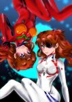  2girls bangs blue_eyes bodysuit breasts brown_hair clone clown evangelion:_3.0+1.0_thrice_upon_a_time eyepatch fashionable fashionable_clown gloves grin hair_ornament hairclip highres long_hair looking_at_viewer multiple_girls neon_genesis_evangelion plugsuit rebuild_of_evangelion red_bodysuit sitting smile souryuu_asuka_langley thighs upside-down white_bodysuit 