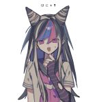  1girl :d bangs black_hair blue_hair dangan_ronpa_(series) dangan_ronpa_2:_goodbye_despair eyebrows_visible_through_hair fingerless_gloves gloves grey_shirt hair_horns hand_on_own_chin hand_up long_hair mioda_ibuki mismatched_legwear multicolored_hair neckerchief open_mouth piercing pink_eyes pink_hair school_uniform serafuku shiny shiny_hair shirt short_sleeves smile solo striped striped_gloves sweatdrop tami_tome_mo torn_clothes torn_gloves translation_request white_hair 